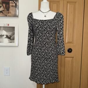 Abercrombie & Fitch Midi Dress Women’s MT Black White Floral Smocked Square Neck